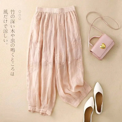 Cotton and Linen Harem Women Summer Vintage Embroidery Lightweight Breathable Lantern Pants