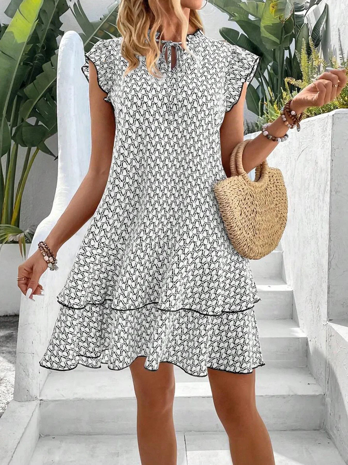 Women's Summer Mini Dress A-line Print V-neck Fiying Sleeve Lady Loose Hem Bohemian Fashion Casual Dresses For Women Clothing