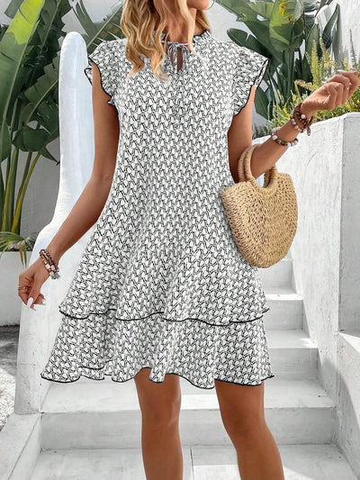 Women's Summer Mini Dress A-line Print V-neck Fiying Sleeve Lady Loose Hem Bohemian Fashion Casual Dresses For Women Clothing