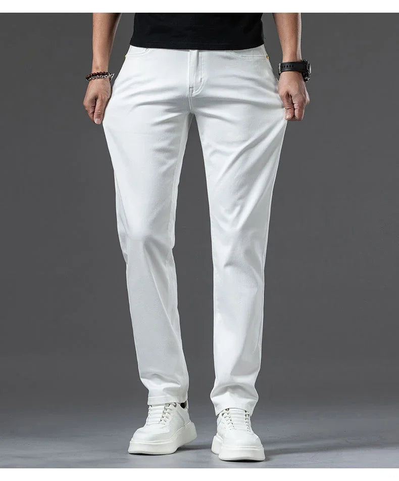 2024 New Summer Thin Men's Straight Denim Cotton Stretch Creamy-white Jeans Classic Business Pants Fashion Trousers Male Brand