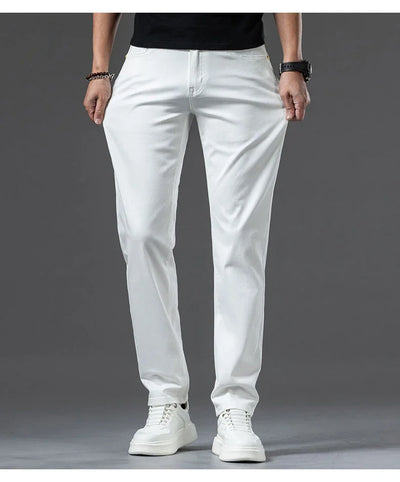 2024 New Summer Thin Men's Straight Denim Cotton Stretch Creamy-white Jeans Classic Business Pants Fashion Trousers Male Brand