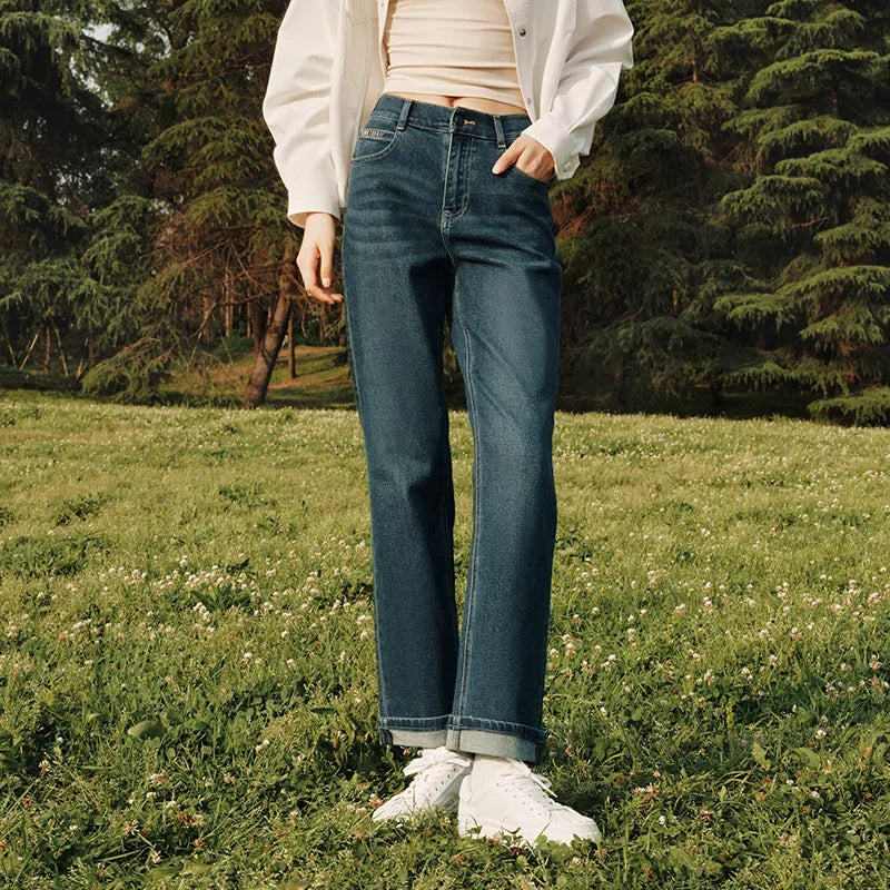 Semir 2023 Women Jeans Autumn New Rolled-edge Straight-leg Pants Slimming Trousers for Women