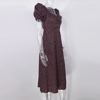 Summer Midi Dress For Women 2025 New Fashion Streetwear Square Neck Puff Sleeve Print Dress Woman Casual Split Dresses Sundress