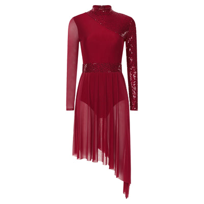 Women Modern Lyrical Dress Camisole Dance Costume Ballet Asymmetric High-Low Mesh Skirted Sleeveless Leotard Gymnastic Dancewear