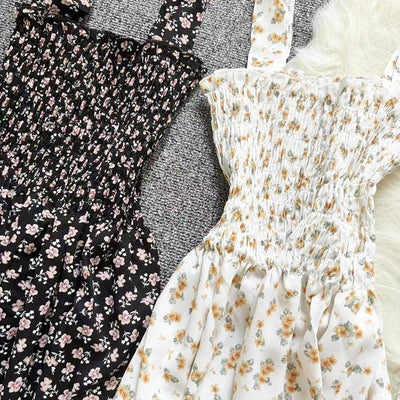 Summer Chiffon Camisole Sleeveless Dress Women Midi Dresses Fashion Elastic Waist Casual Spaghetti Strap Dresses Vestidos Girls
