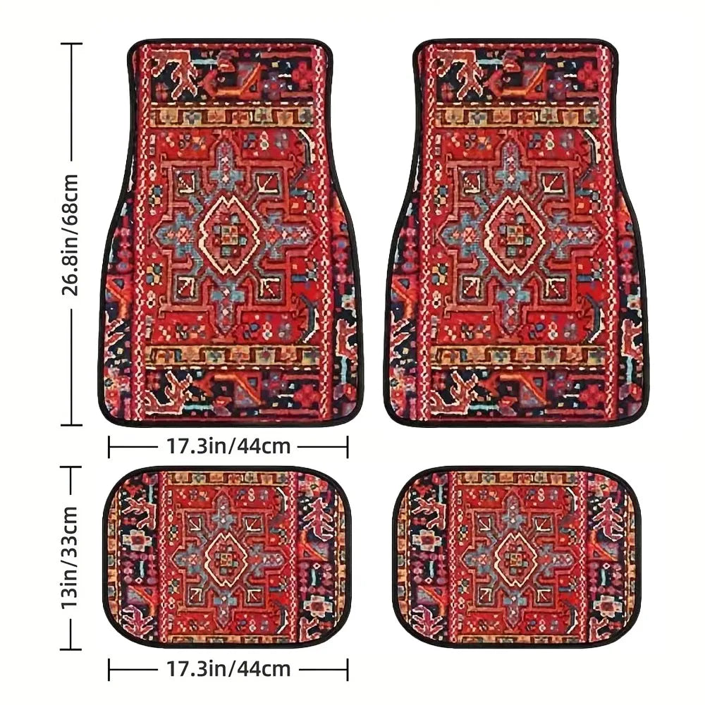 4 Pcs Car Floor Mats Bohemian Pattern European Ethnic Auto Rubber Carpet Universal Interior Accessories for Front and Rear Seats