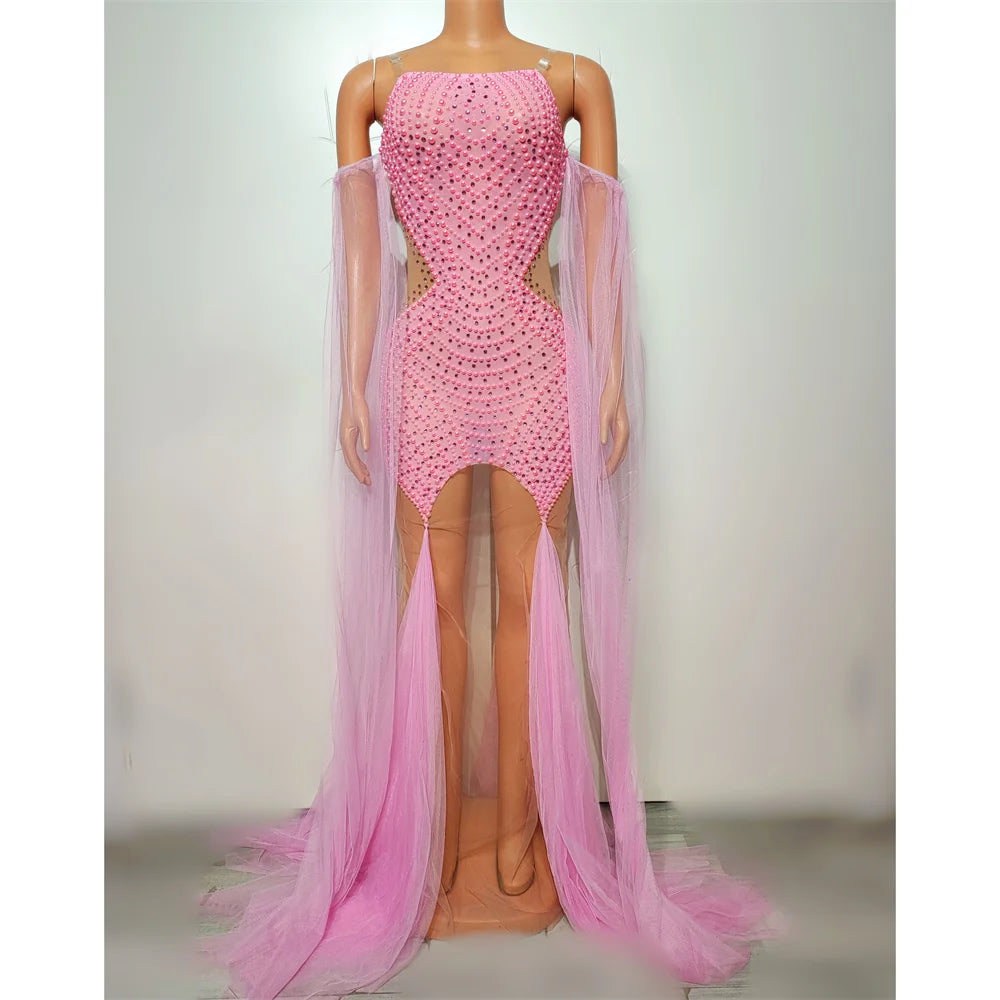 New Pink Rhinestones Pearls Dress Sexy Mesh Party Evening Dresses Women Singer Festival Wear Stage Outfit Jazz Dance Costume