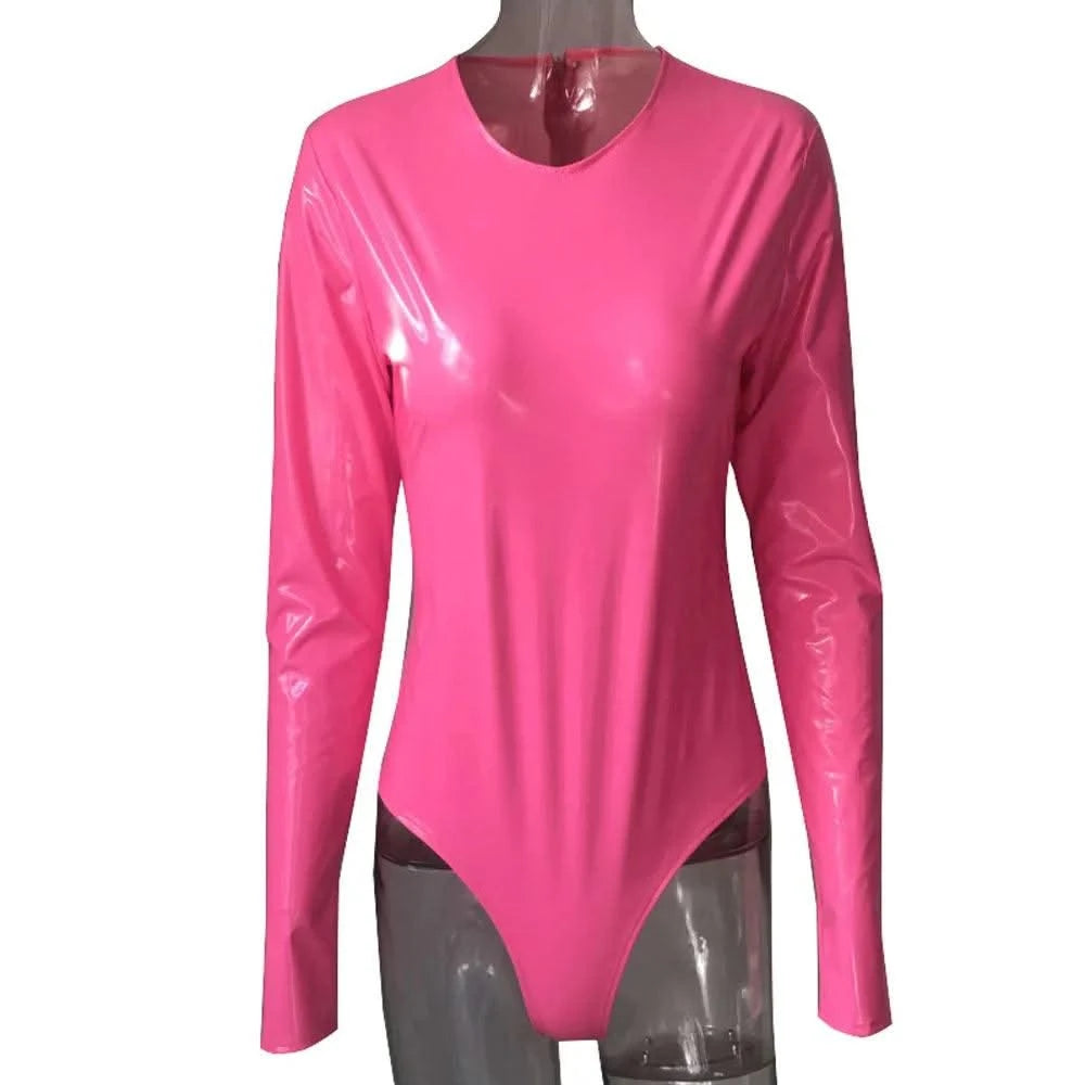 Wet Look PVC Catsuit Shiny PU Leather Long Sleeve Bodysuit Swimsuit Tights Body Teddies Sexy Clubwear Leotard Unitard Shirt Tops