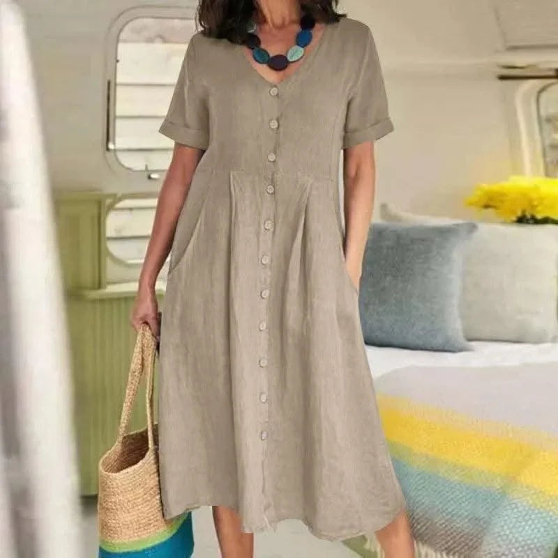 Women's Summer Casual Cotton Linen Midi Dress White  Loose Elegant Green Dresses Vestidos Платье С Декольте Jupe Longue Femme