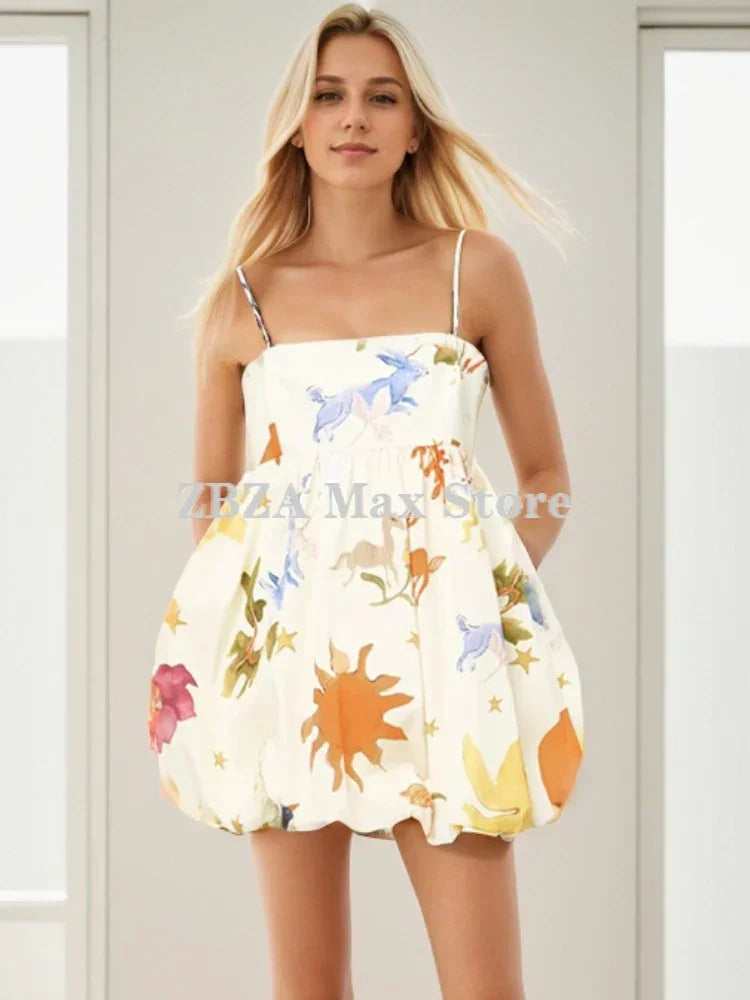 ZBZA Women's Suspender Print Dress Straight Neckline Spaghetti Straight Straps Zip Beach Mini Skirt Summer New Female Chic Dress