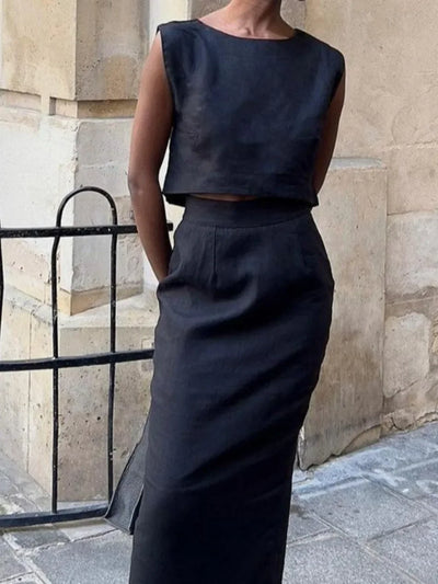New Cotton Linen Vest Half Skirt Sleeveless Tops 2-Piece Set Women's Chic Short Vest Casual Set Split Long Skirt Suits