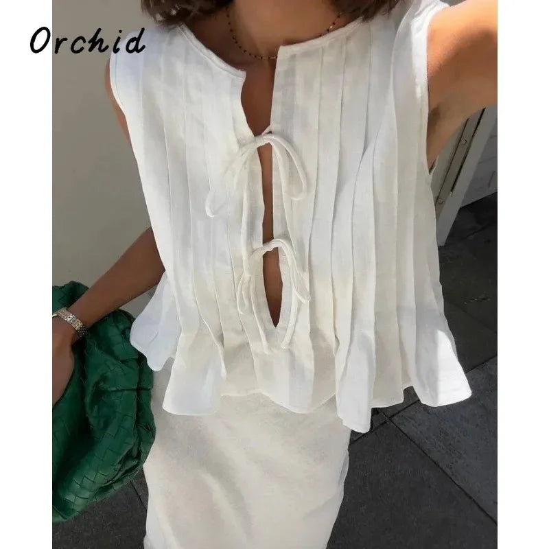 Fashion Bow Lace Up Shirts Women Cotton Linen Hollow Out Sleeveless Pleated Blouses Woman 2025 Summer New Casual Lady White Tops