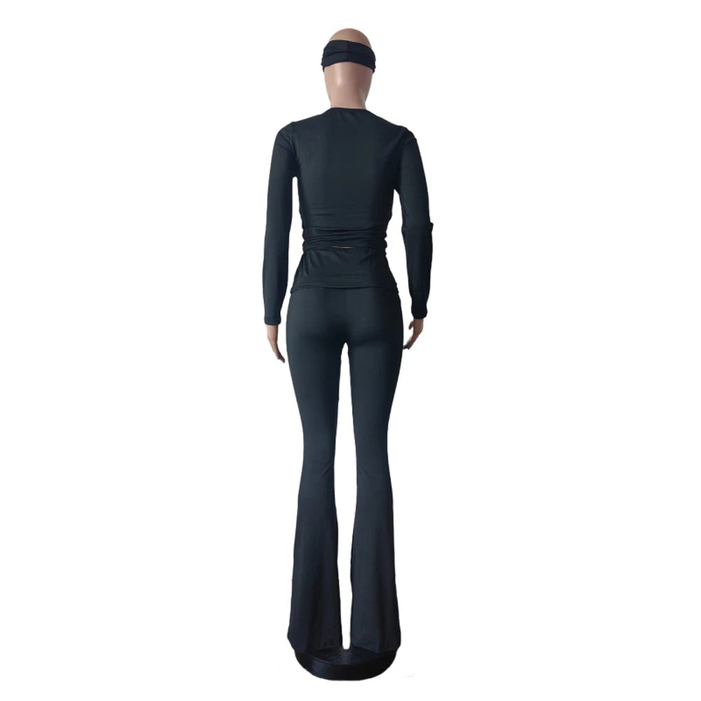 2 Two Piece Lounge Wear for Women 2024 Loungewear With Headband Yoga Outfit Long Sleeve Tops and Flare Pants Sets Tracksuit