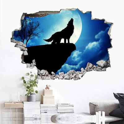 3D Broken Wall Hole Art Moon Night Wolf Howls Vinyl Mural Stickers Room Decorations for Home Items Self Adhesive Animal Poster