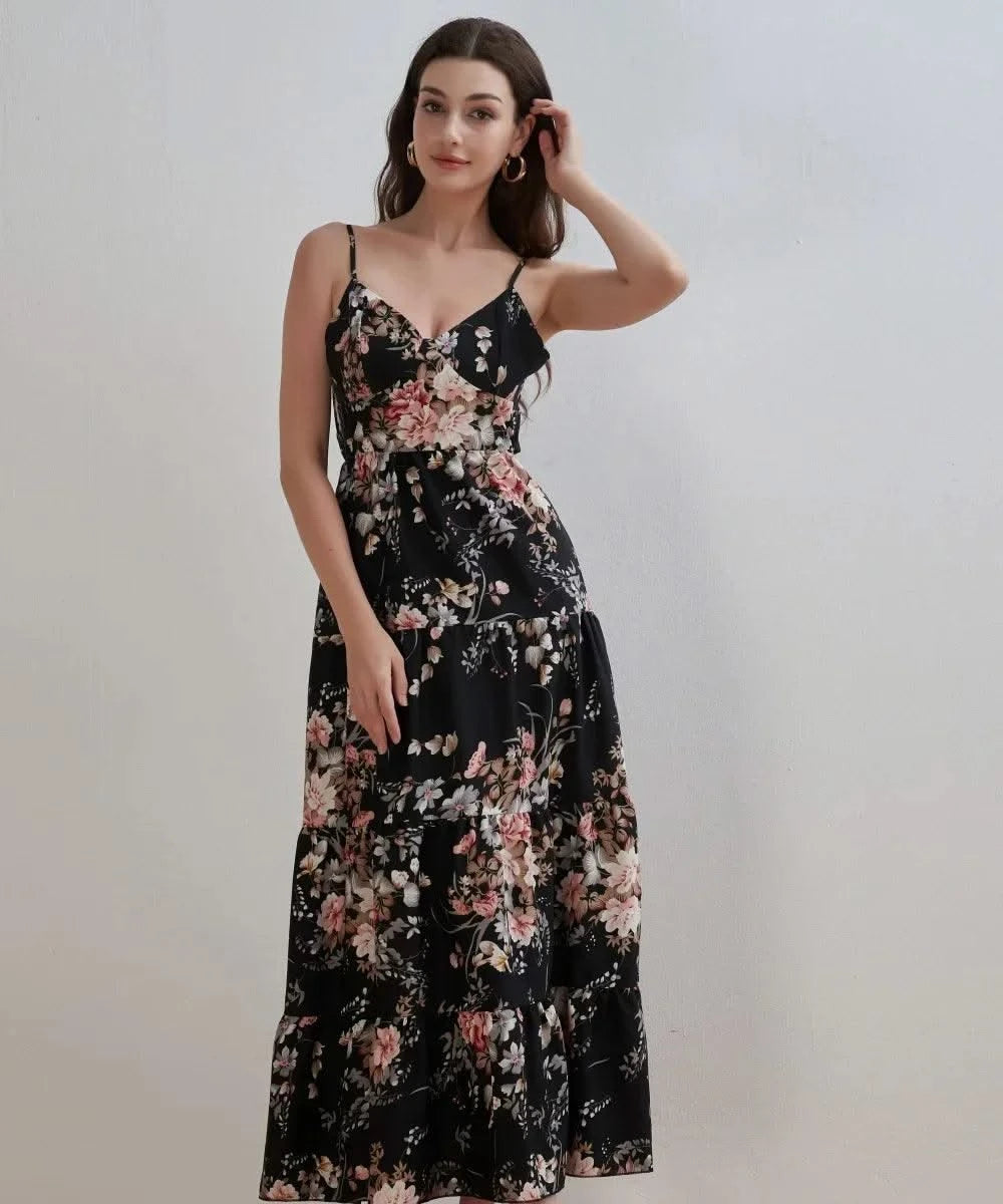 Women's Summer Black Floral V Neck Sleeveless Backless Halter Dress Fashion Elegant Sexy Bow Tie Black Backless Party Dresses