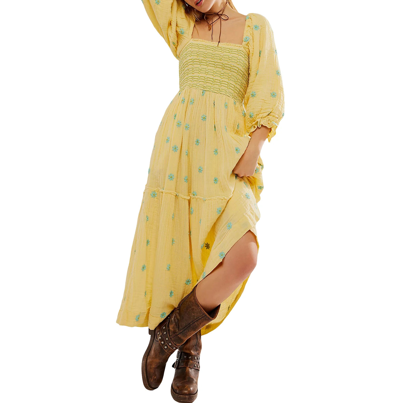 Women Summer Casual Long Dress 3D Embroidered Flowers Square Neck Puff Sleeve Dress Fashion Backless A-line Dress