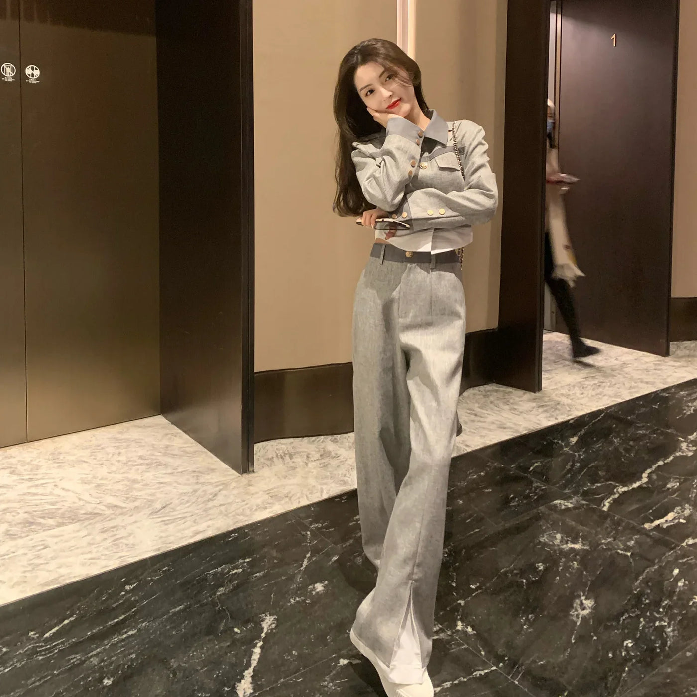 Trousers Woman Office Grey Wear To Work Top and Pant Sets for Women 2 Pieces Professional Spring Autumn Korean Style Luxury Full