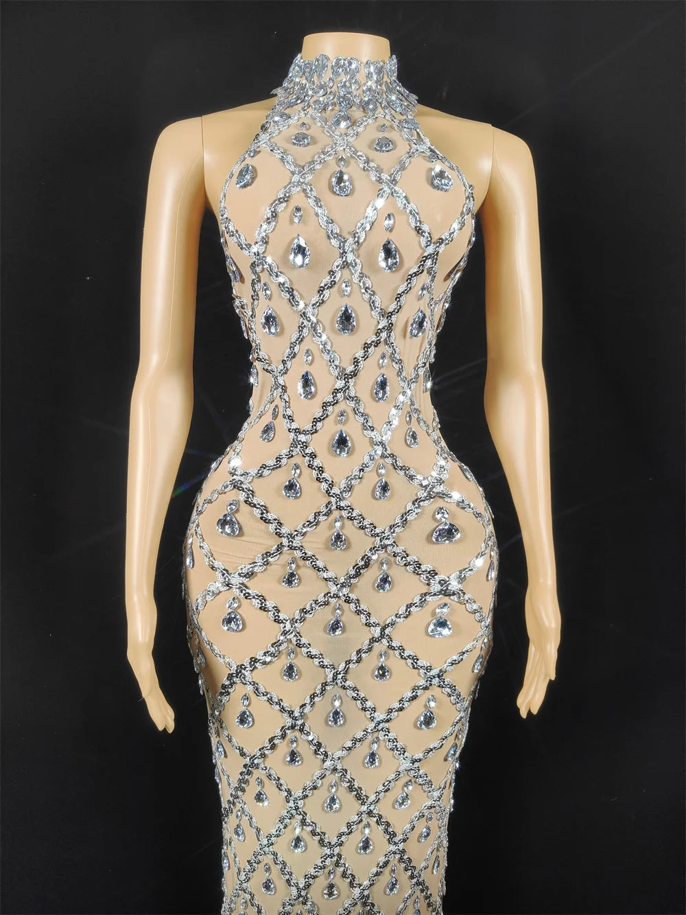 Women Sexy Stage Shining Rhinestone Sequins Dress Evening Prom Birthday Dress Transparent Performance Singer Club Host Dress