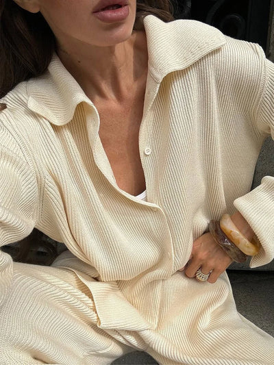 2025 Autumn Street Outfits Knitted Cardigan Pants Sets Women Single Breasted Lapel Sweater High Waist Wide Leg Trousers Suit