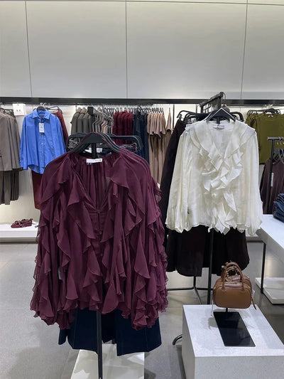 Ruffles Elegant Shirts & Blouses for Women 2025 Long Sleeve Semi-Transparent Tops For Women Spring Shirt And Blouse Top