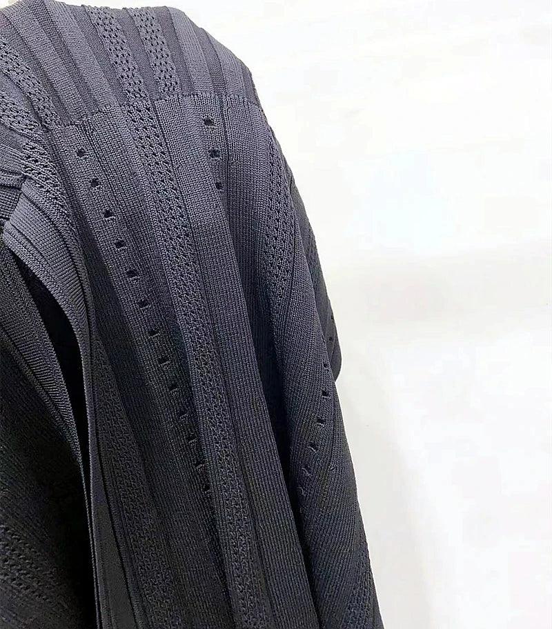 Classic Style Single Breasted Knitted Women Midi Dress O Neck Short Sleeve Hollow Out Spliced Lady Fishtail Dress
