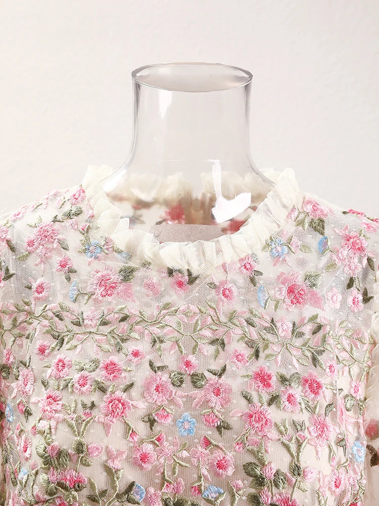 QMQA Fashion Women's Embroidery Dresses Round Neck High Waist Bow Mesh Spliced Long Sleeve Elegant Dress Female 2024 1A102