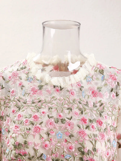 QMQA Fashion Women's Embroidery Dresses Round Neck High Waist Bow Mesh Spliced Long Sleeve Elegant Dress Female 2024 1A102