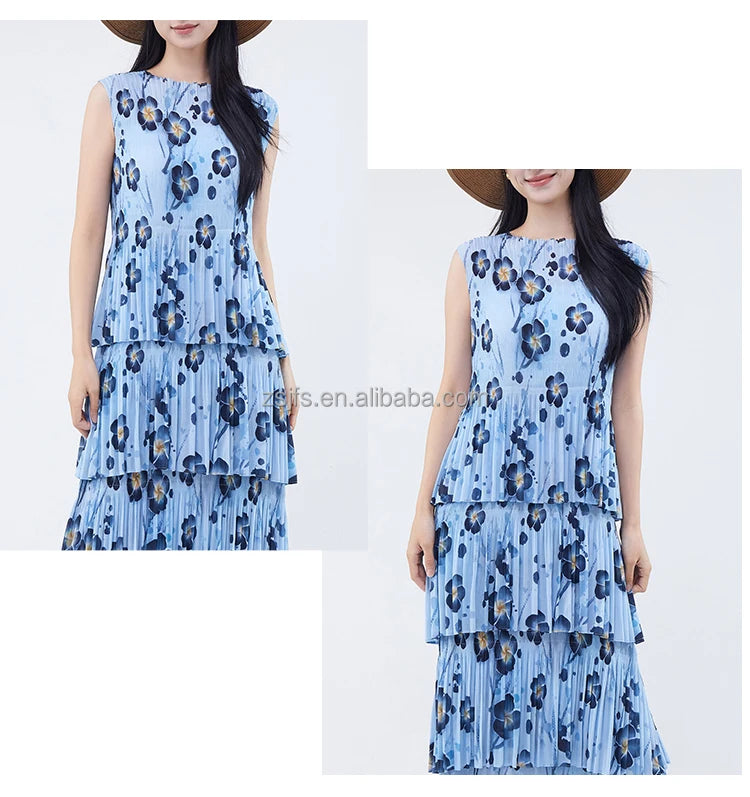 Women Dresses For Summer 2025 Miyake Pleated Dress Summer Fashion Holiday Style Printed Stretch Cake Dress