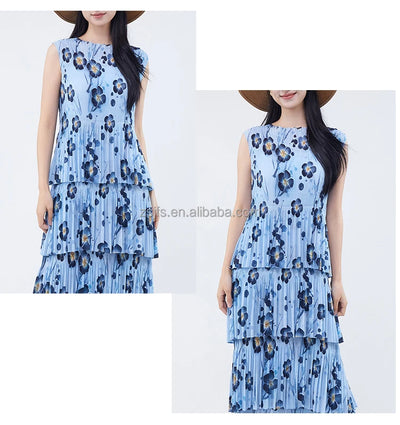 Women Dresses For Summer 2025 Miyake Pleated Dress Summer Fashion Holiday Style Printed Stretch Cake Dress