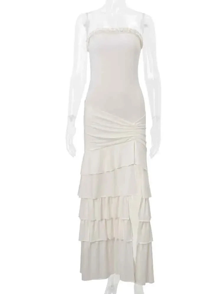NIDANSSI White Strapless Backless Evening Party Dress Women Ruffle Robes Elegant Sexy Dress Bodycon Long Summer Dress Vestidos