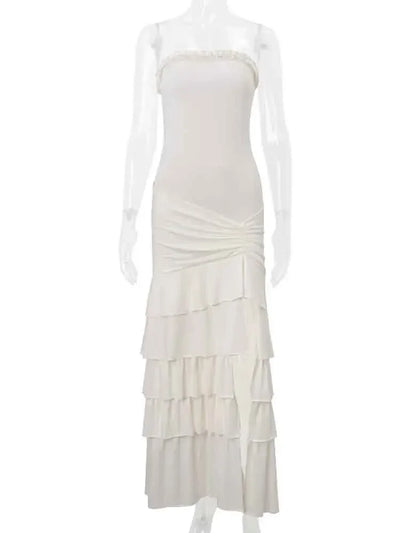 NIDANSSI White Strapless Backless Evening Party Dress Women Ruffle Robes Elegant Sexy Dress Bodycon Long Summer Dress Vestidos