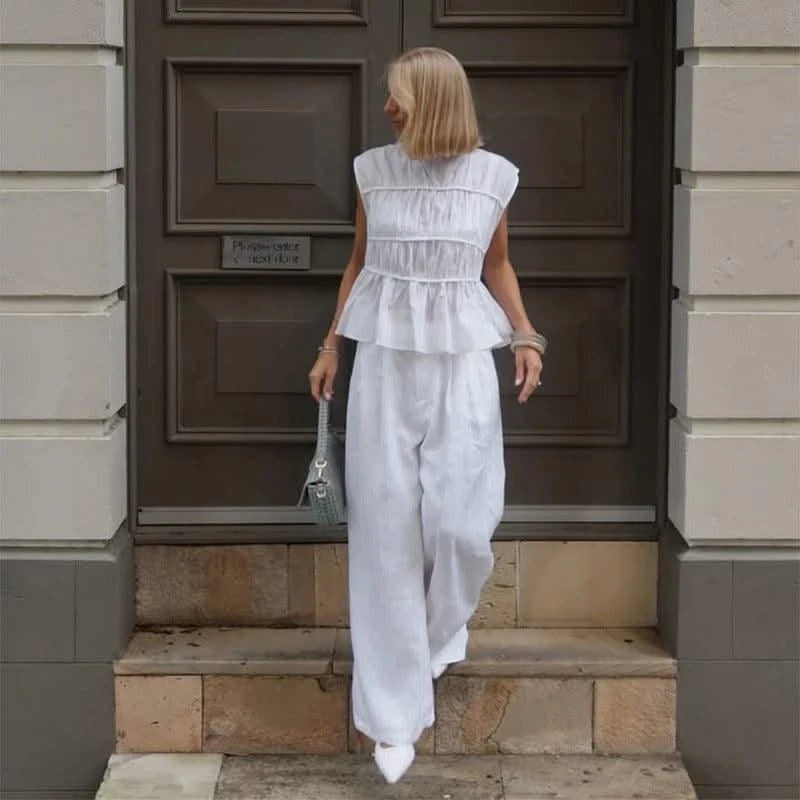 Women Cotton Linen Sleeveless Blouse Round Neck Pleated Top 2025 Spring Summer New Lady O-Neck Solid Color Shirt