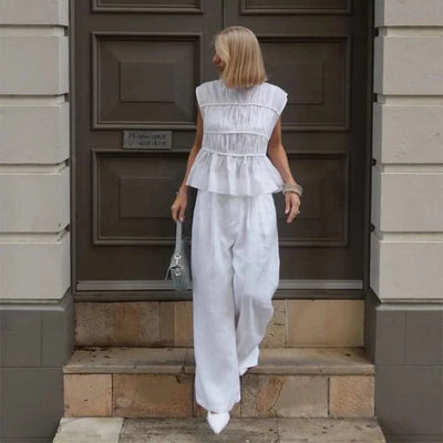 Women Cotton Linen Sleeveless Blouse Round Neck Pleated Top 2025 Spring Summer New Lady O-Neck Solid Color Shirt