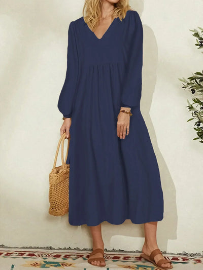 Women's fashion European and American dress Women's clothing Cotton linen loose lantern sleeves