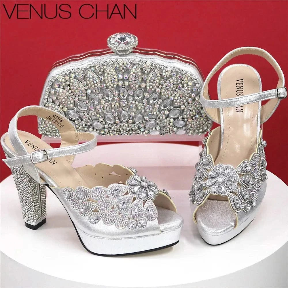 Embroidery Italian Design Pointed-Toe High-heeled Shoes and Bags Set for Women