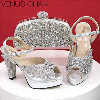 Embroidery Italian Design Pointed-Toe High-heeled Shoes and Bags Set for Women
