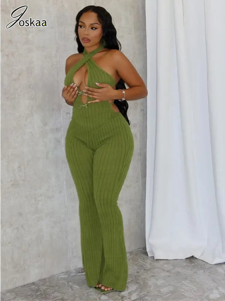 Joskaa Knitted Halter Backless Jumpsuit Women Sexy Deep V-Neck Bow Sleeveless Skinny Overalls 2025 Fitness Sportswear Clubwear