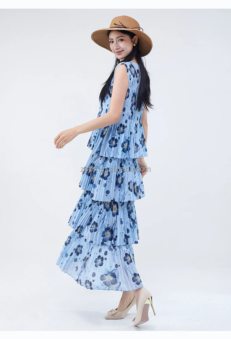 Women Dresses For Summer 2025 Miyake Pleated Dress Summer Fashion Holiday Style Printed Stretch Cake Dress