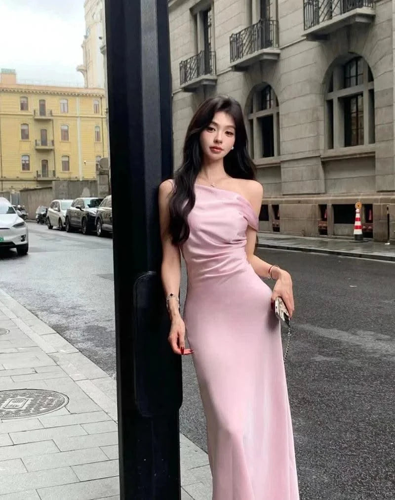 Satin Sexy Off Shoulder Dress Women Pink Skinny Elegant Soft Dress Classic Fashion Party Evening Gown Sleeveless Lady Vestidos