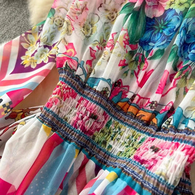 Summer Gorgeous Flower Dress Women Chiffon Clothing Sexy Deep V Neck Single Breasted Floral Print Beach Boho Long Robe Vestidos