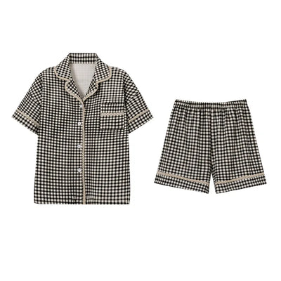 Women's sleepwear 2025 new summer plaid lapel lace lace lace short sleeved shorts can be worn as a two-piece home outfit