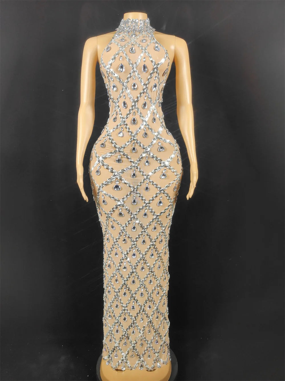 Women Sexy Stage Shining Rhinestone Sequins Dress Evening Prom Birthday Dress Transparent Performance Singer Club Host Dress