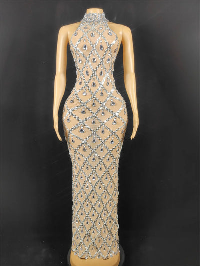 Women Sexy Stage Shining Rhinestone Sequins Dress Evening Prom Birthday Dress Transparent Performance Singer Club Host Dress