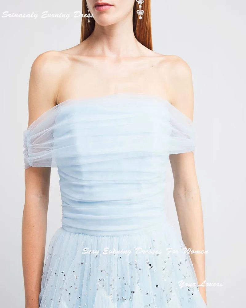 Customized Tiered Tulle Evening Dresses For Women Cocktail Party Gowns Off Shoulder فساتين سهرة Sequin Formal Dress