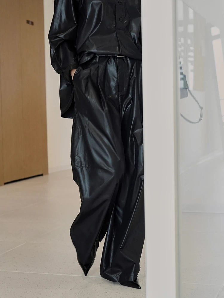 High Waist Black Glossy Casual Long Wide Leg Pants New Loose Fit Trousers Women Fashion Tide Spring Autumn 2025