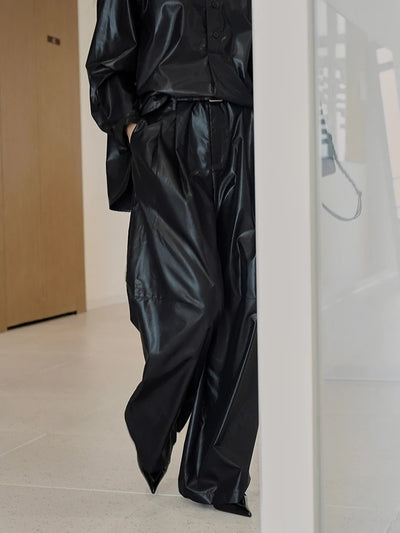 High Waist Black Glossy Casual Long Wide Leg Pants New Loose Fit Trousers Women Fashion Tide Spring Autumn 2025