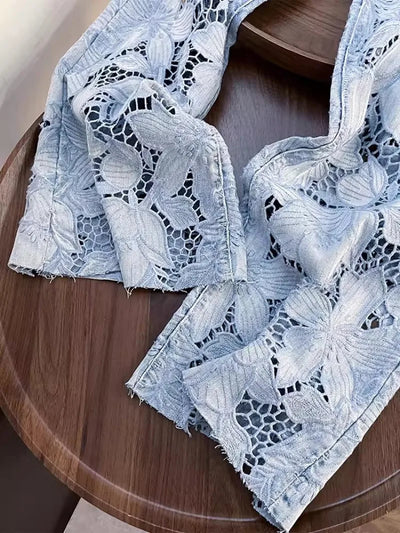 Summer Women Lace Floral Embroidery Wide Leg Denim Pants Spliced Loose Fit High Waist Hollow Out Jeans Streetwear Long Trousers