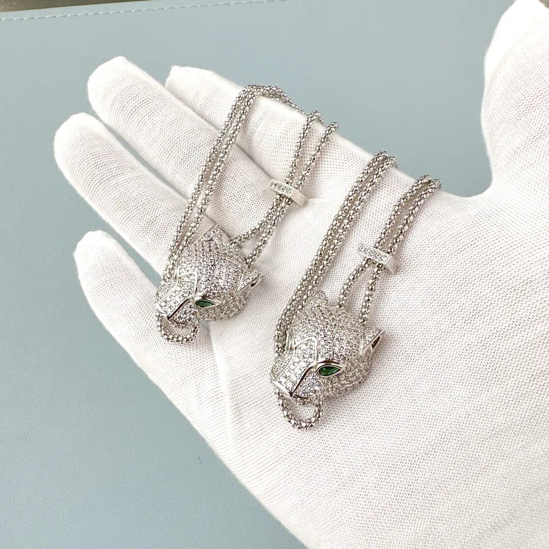 Designer Collection Fashion Luxurious Bracelet Long Necklace Men Women Lady Inlay Full Zircon Leopard Head Pendant Double Chain