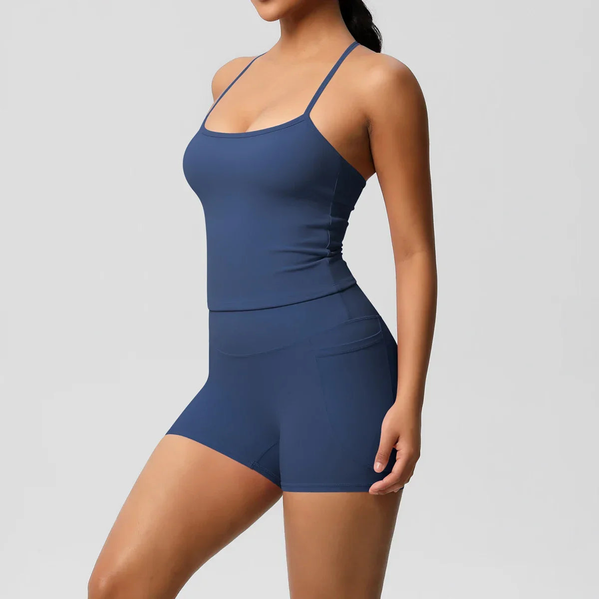 2PCS Sportswear With Pocketed Yoga Set Gym Clothes Yoga Suits For Women Tracksuits Sports Shorts Crossover Bra Gym Leggings