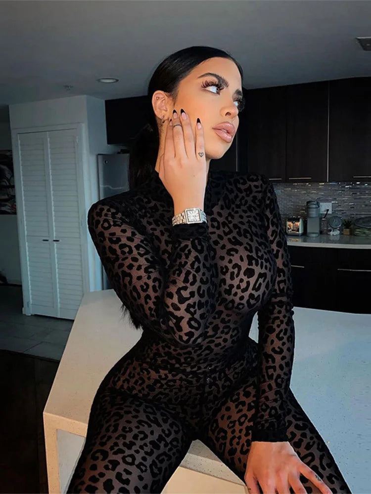 Women's jumpsuit sexy midnight club animal instinct mesh tight stockings leopard print transparent velvet long sleeved jumpsuit